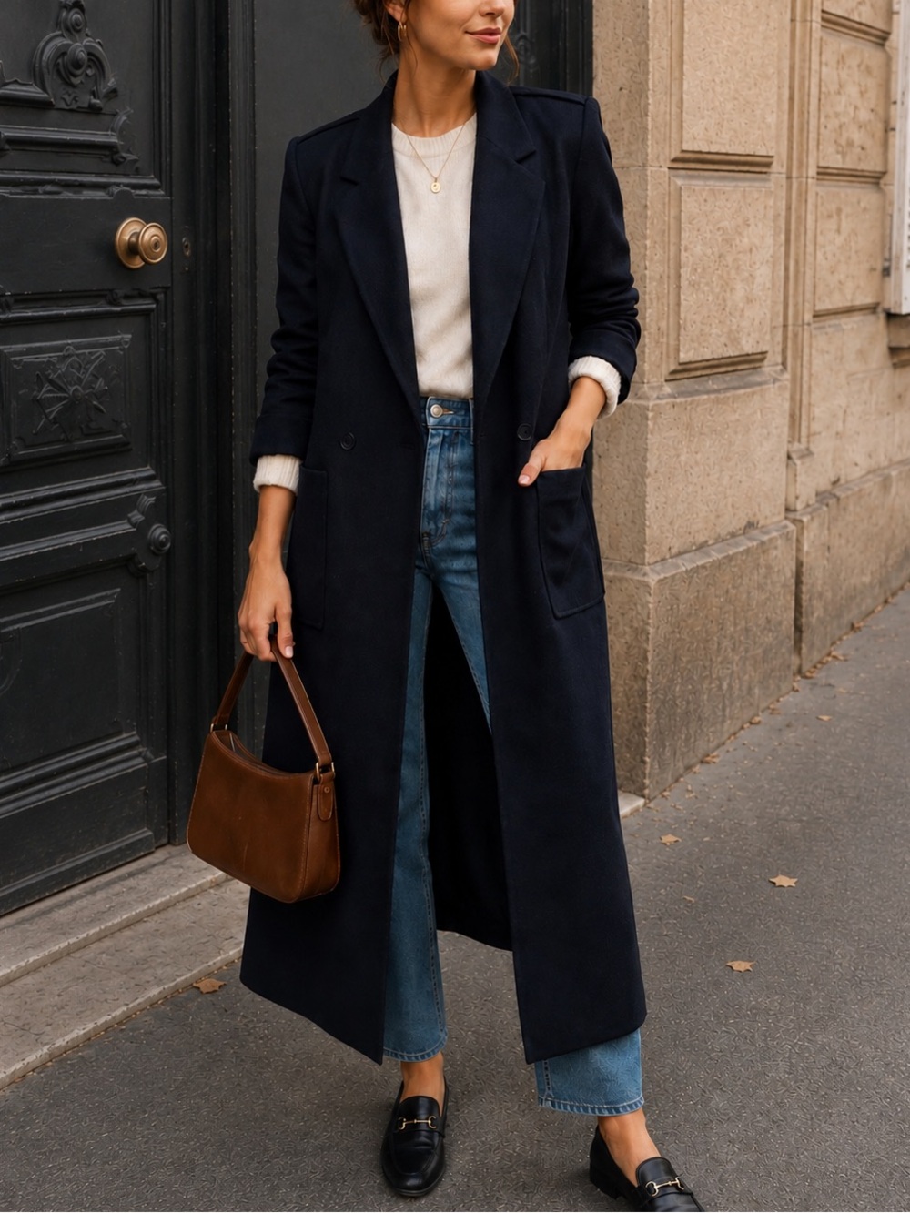 Vintage Jean Claude Paris Long Wool Blend Coat Navy Blue Maxi Overcoat S